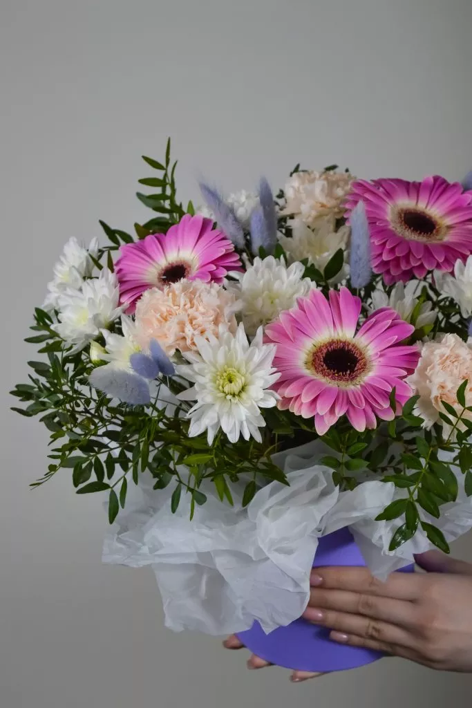 Композиция в шляпной коробке с герберами, кустовой хризантемой, гвоздикой, фисташкой и лагурусом