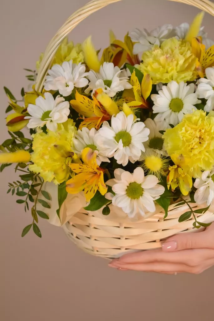 Корзина с гвоздикой, лагурусом, хризантемой кустовой, альстромерией, фисташкой