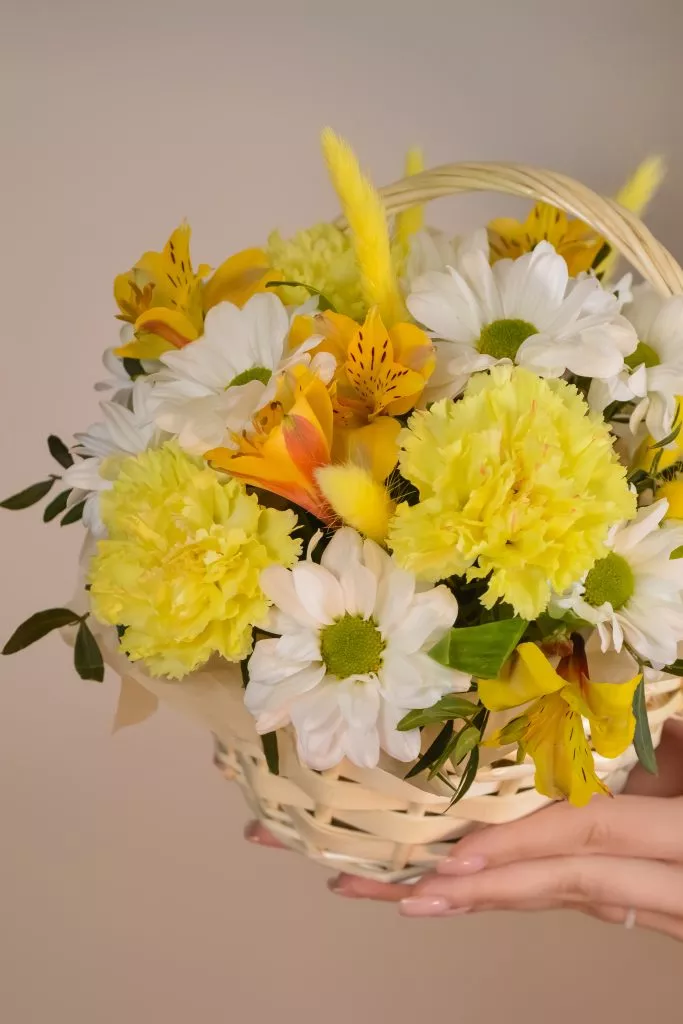 Корзина маленькая с гвоздикой, лагурусом, хризантемой кустовой, альстромерией и фисташкой