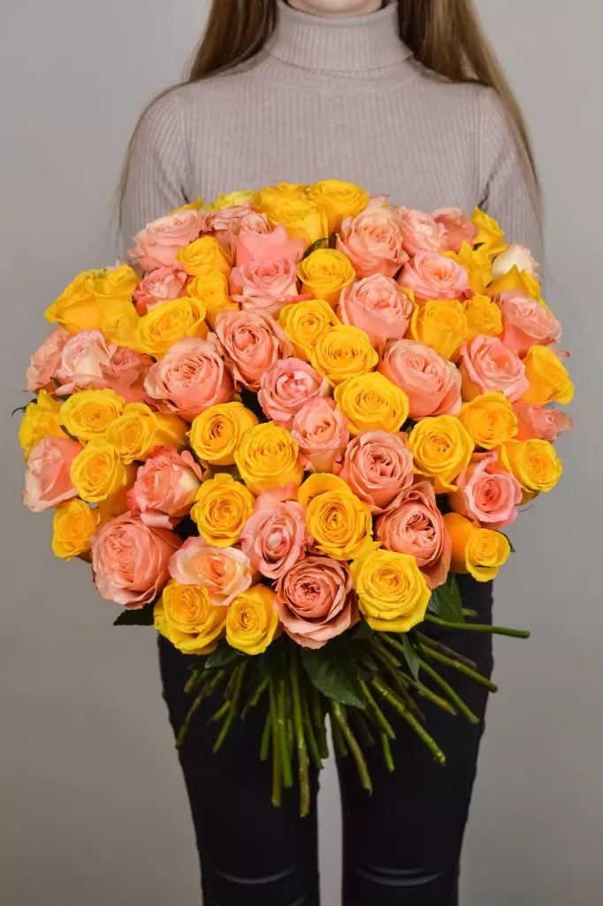 Розово-желтые розы Эквадор 75 шт