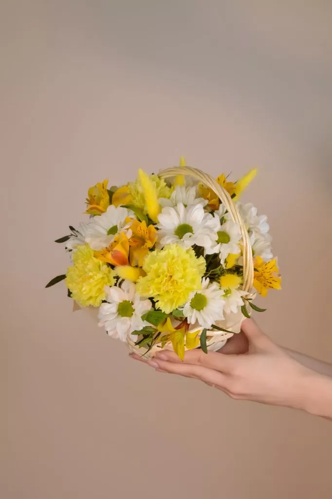 Корзина маленькая с гвоздикой, лагурусом, хризантемой кустовой, альстромерией и фисташкой