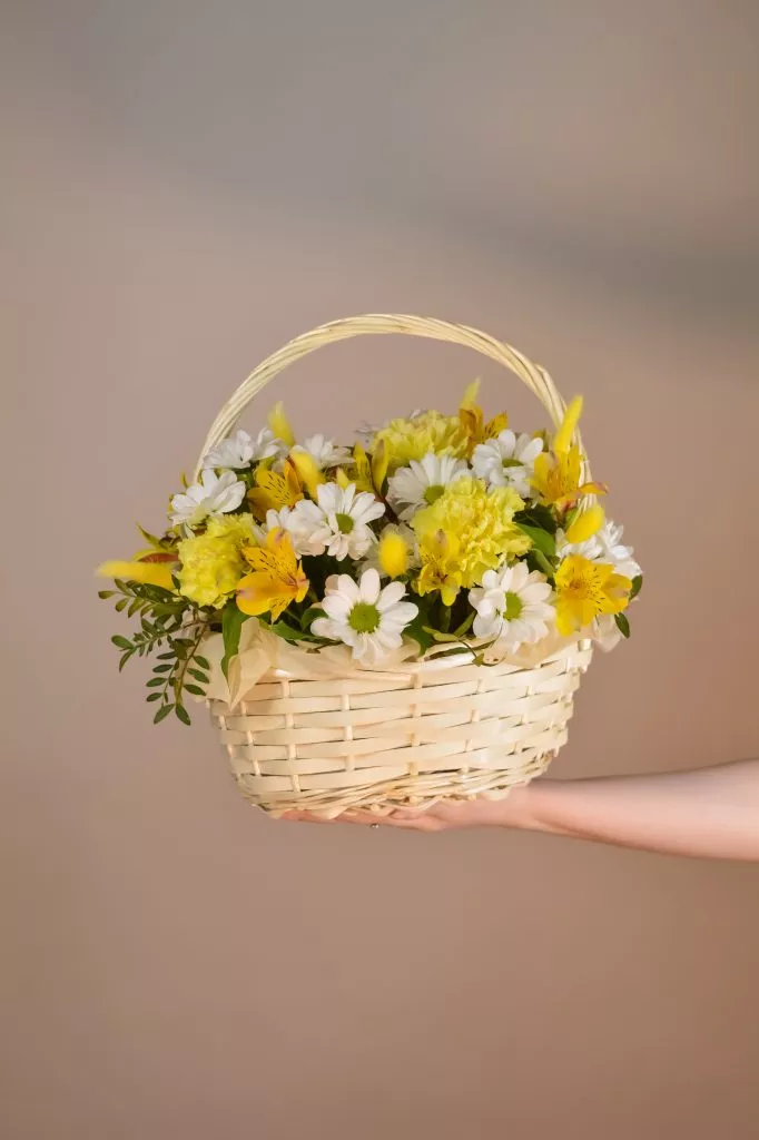 Корзина с гвоздикой, лагурусом, хризантемой кустовой, альстромерией, фисташкой