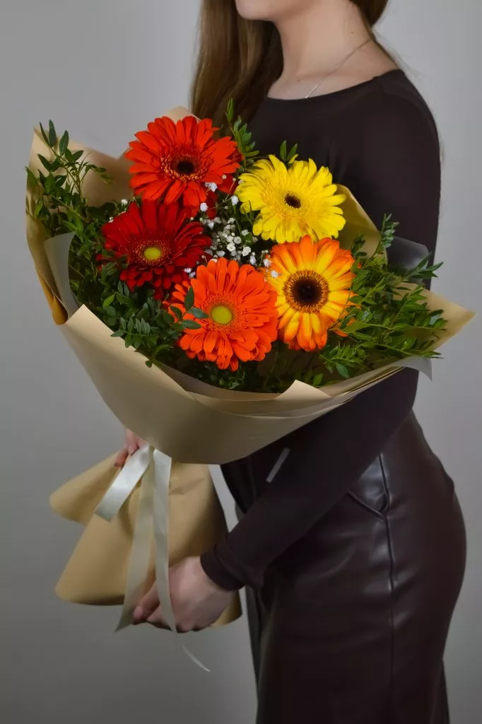 5 разноцветных гербер, 2 фисташки , бежевая упаковка