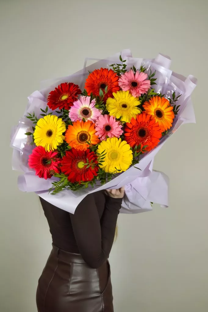 15 разноцветных гербер в сиреневой упаковке