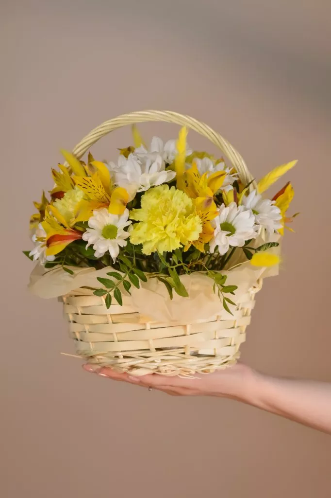 Корзина средняя с гвоздикой, лагурусом, хризантемой кустовой, альстромерией, фисташкой