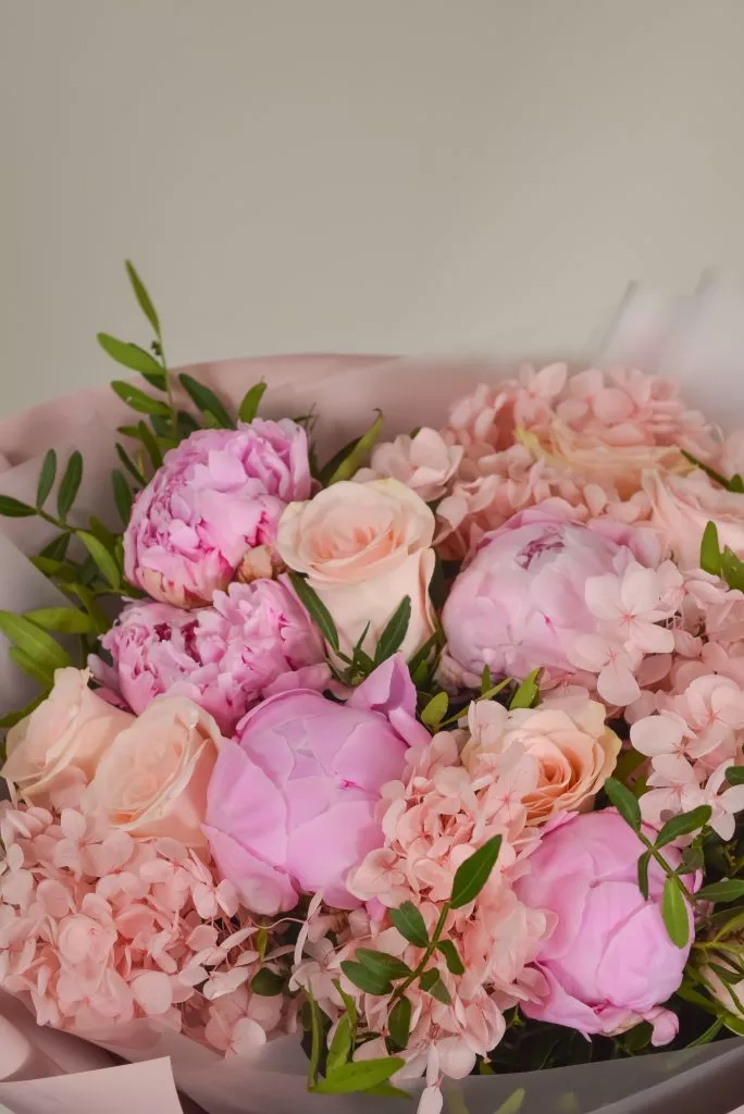 букет, гортензия, пионы, розы