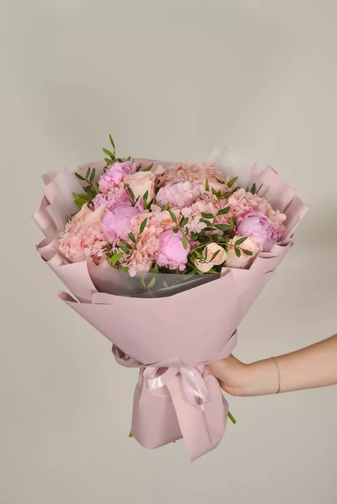 букет, гортензия, пионы, розы