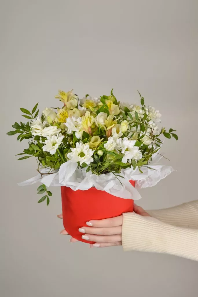 красная коробка с хризантемой ромашкой и альстромериями