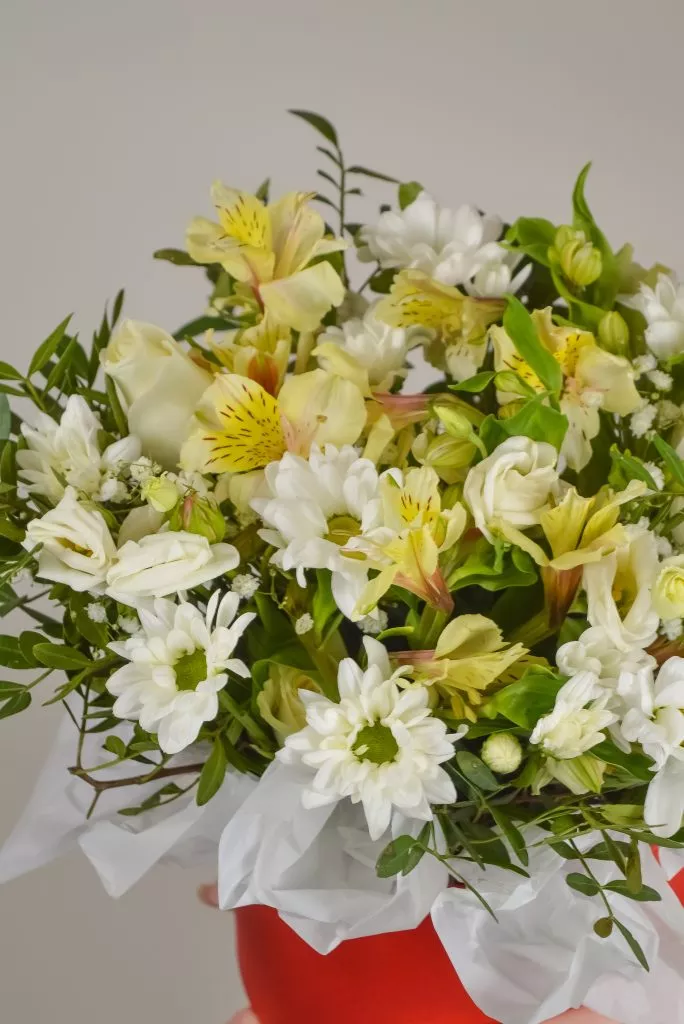 красная коробка с хризантемой ромашкой и альстромериями