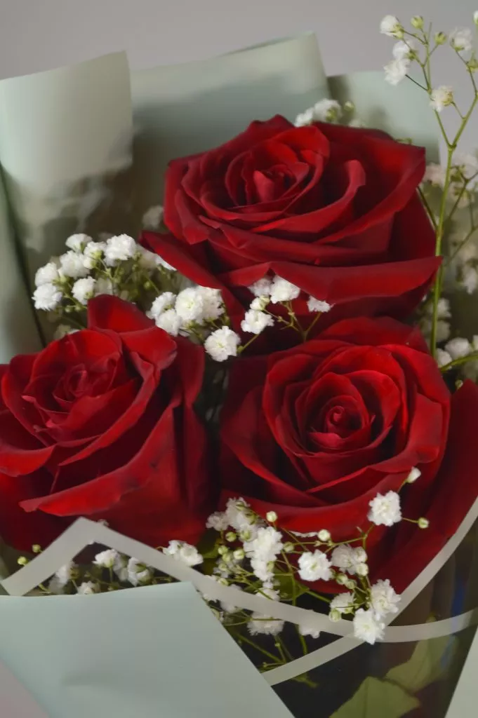 Букет из роз 60 см 3 шт ,гипсофила белая 1шт в оформлении