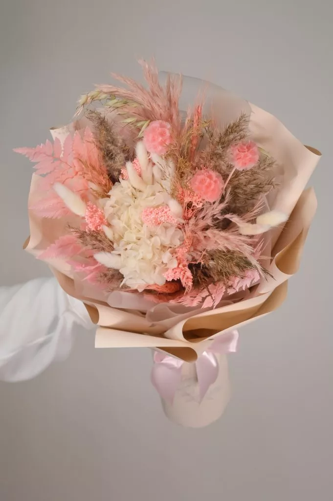 Папоротник стабилизированный 3шт ,Лагурус 10шт,Скабиоза 3шт, Гортензия сухоцвет 2шт,Камыш 3шт оформление под ленту